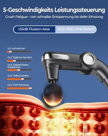 Масажер для тіла KingPavonini з висувним руків'ям та відкидним голівкою: масажна пістолета для спини з 3 кутами налаштування та 4 насадками, подарунок для чоловіків та жінок (сірий)