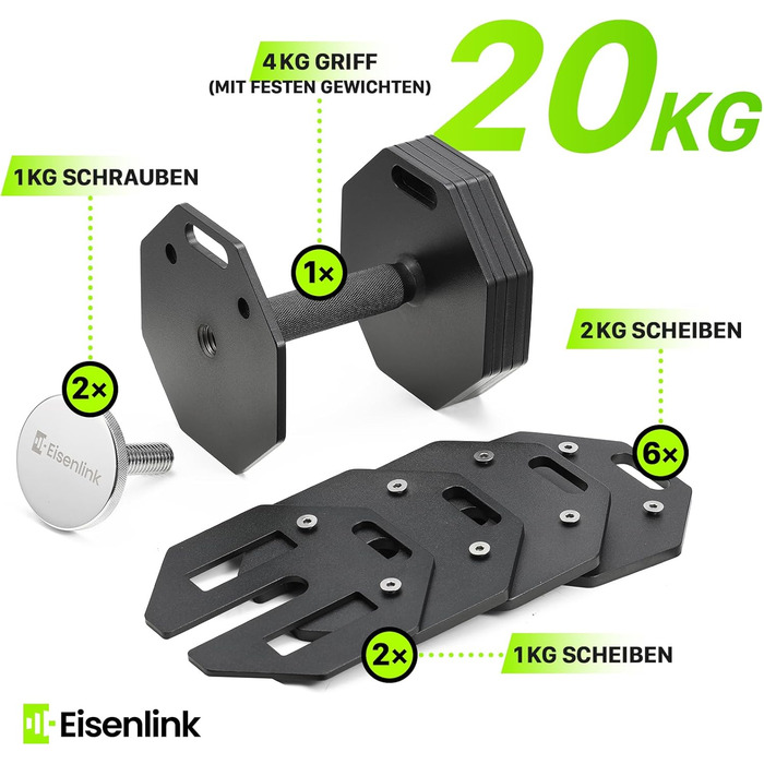 Гантель регульована восьмигранна Eisenlink 20-36 кг, сталева, з антиковзним грифом, для фітнесу вдома та в залі