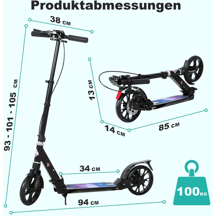 Скутер ISE Roller 200mm з великим колесом, подвійним гальмом та амортизацією. Розкладний міський скутер для дорослих та дітей, регульована висота до 100 кг, з ремінним ременем та ручним гальмом (дизайн 'Зоряне небо')