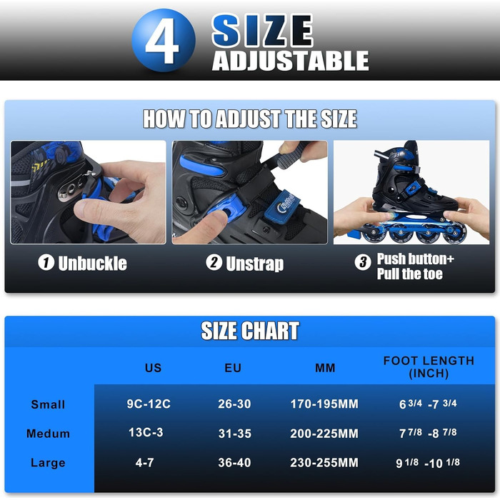 Інлайнерожі Nattork для дітей та дорослих, регульовані, 4 розміри, дизайн для катання, блакитні (37-40)