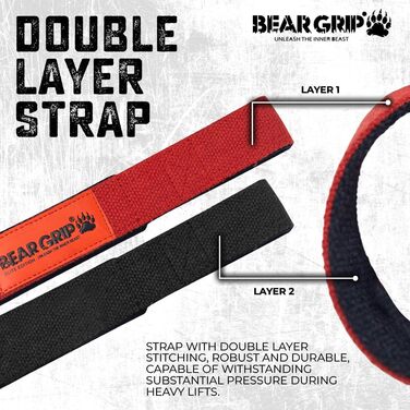 BEAR GRIP – Преміальні двошарові лямки для тяги Elite Edition, червоні