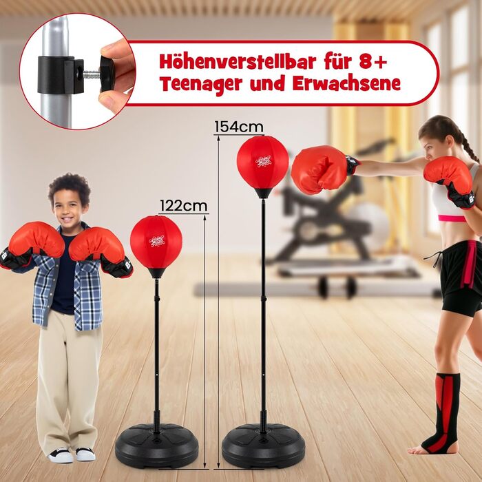GYMAX Набір для боксу з боксерським мішком 120-154 см, регульований, з рукавичками та насосом, стійка для дітей та дорослих, для боксу, кікбоксингу, швидкісних тренувань, зняття стресу