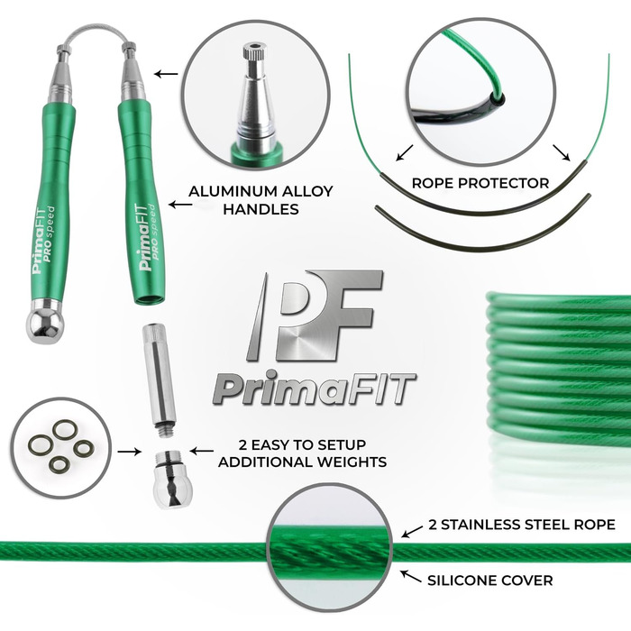 Скакалка PrimaFIT для дорослих, професійна швидкісна, 3 м, з регульованою довжиною, обтяжувачами, 2 підшипниками, антиковзкими ручками, для боксу, MMA, кросфіту, сталевий трос, чохол, зелена