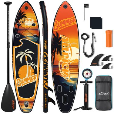 Набір SUP-дошки ALLPICK Premium: надувна дошка для сапсерфінгу з кріпленням для камери, повний комплект аксесуарів, регульоване весло, для початківців та досвідчених, 200 кг (Колір: Захід сонця - Оранжевий)