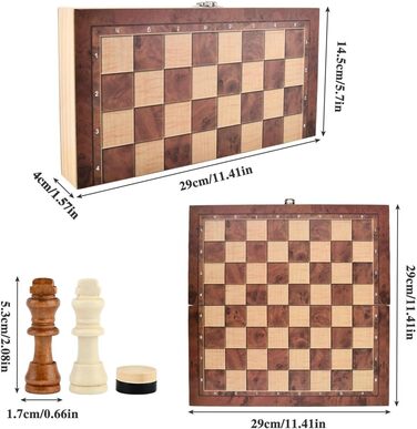 Шаховий набір дерев'яний 3 в 1, 29x29 см: шахи, шашки, шашки-кірпічі. Складаний, портативний, для подорожей, сім'ї, вечірок. Преміум якість.