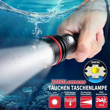 LetonPower SM-14S: Професійна водолазна лампа 2000 люмен, 100м водонепроникність, акумулятор Type-C, для дайвінгу та активного відпочинку