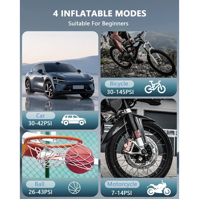 SERVOMASTER Електрична повітряна помпа з манометром, портативний міні-компресор, акумулятор 150PSI, LED-підсвічування, для авто, мотоцикла, велосипеда, м'ячів (чорний, сірий, бездротовий)