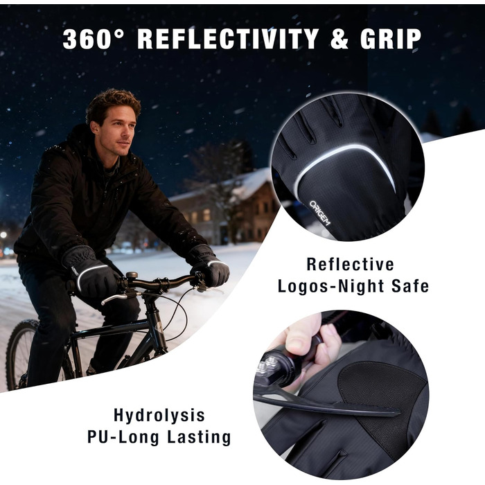 Рукавички зимові для чоловіків та жінок, велосипедні та гірськолижні, 3M Thinsulate, водонепроникні, теплі флісові з підтримкою сенсорного екрану (чорний, XXL)