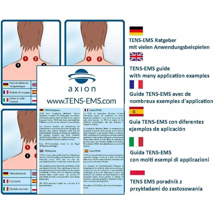 Пристрій TENS EMS STIM-PRO X9+ з 4 каналами та 8 електродних пелюшок 5x5 см для болісної терапії, масажу та нарощування м'язів. 4 канали, STIM-PRO X9+, axion® (2) X9, сертифікований медичний пристрій.
