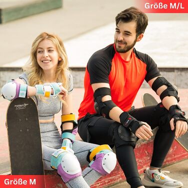 Захисний комплект SKATEWIZ для дорослих і підлітків, 6 предметів: наколінники, налокітники, наладонники з неопреновими рукавами, чорний, розмір M/L, для роликів та скейтборду, німецький бренд