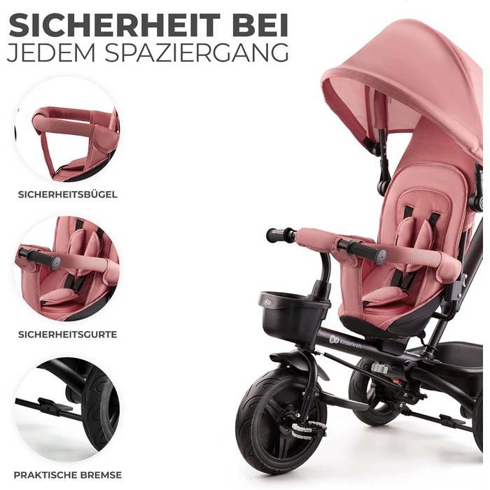 Триколісний велосипед Kinderkraft Aveo для дітей від 9 місяців до 25 кг, з батьківською ручкою, компактно складався, поворотне сидіння, розкладний капюшон з сонцезахистом, з підстаканником та кошиком, Рожевий CLASSIC Pink