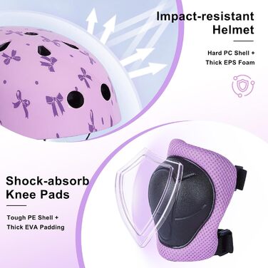 Дитячий шолом Kinder для дівчаток 8-14 років з повним захистом: наколінники та налокітники. Регульований шолом для ролера, велосипеда, скейтборда. Фіолетовий, 52-58 см