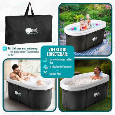 Зручна складана ванна для дорослих 147x74x60 см – комплект з аксесуарами для теплої та холодної ванни, портативна, для дому та відпочинку на природі, чорно-біла, MelodieGesund