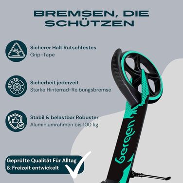 Самокат міський Bergеn City Scooter Downtown, алюмінієвий, складаний, 3.3 кг, колеса 200 мм, регульована висота, для дітей від 6 років, підлітків, дорослих до 100 кг (чорний, зелений)