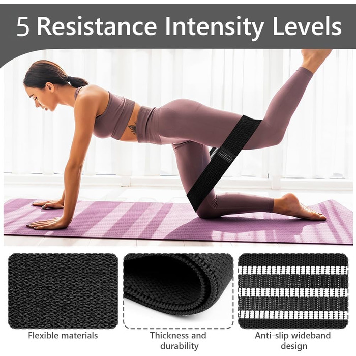 Фітнес-резинки Flintronic для стегон, набір фітнес-гумок, стрічки опору для стегон, тренувальні гумки для йоги, гімнастики, силових тренувань, тренувань ніг (Сірий+Зелений+Рожевий+Фіолетовий+Чорний)