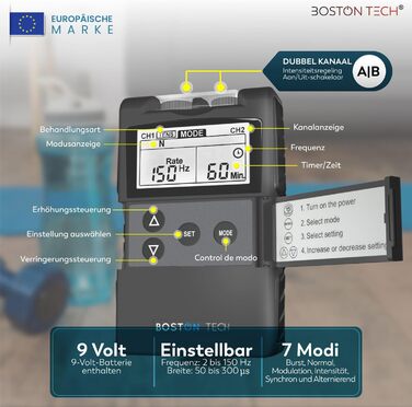 Пристрій TENS Boston Tech ME89 PRO: терапія болю, EMS, 7 режимів, стимуляція м'язів, 4 електроди, 9V батарея, захист від падінь, кейс