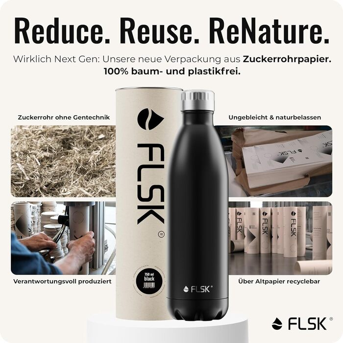 Термос-пляшка FLSK Next Gen Essentials з нержавіючої сталі, 750 мл, чорна – стійка до газованих напоїв, підходить для посудомийної машини, екологічна упаковка