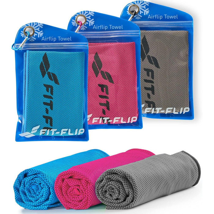 Охолоджуючі рушники Fit-Flip 3 шт. – для фітнесу та спорту – мікрофібра, охолодження шиї – Airflip, рушники Cool Ice Towel – блакитний, рожевий, сірий, 100x30 см