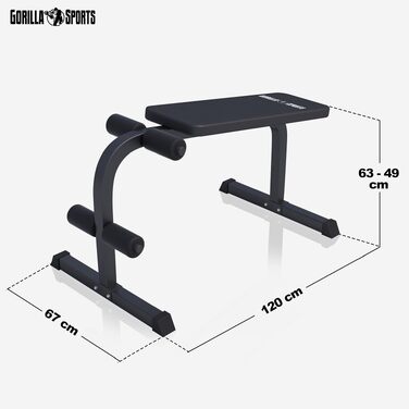 Тренажер для преса та спини GORILLA SPORTS® (скамья для скручиваний), 120x67x49–63 см, сталевий каркас, фіксація ніг, до 150 кг
