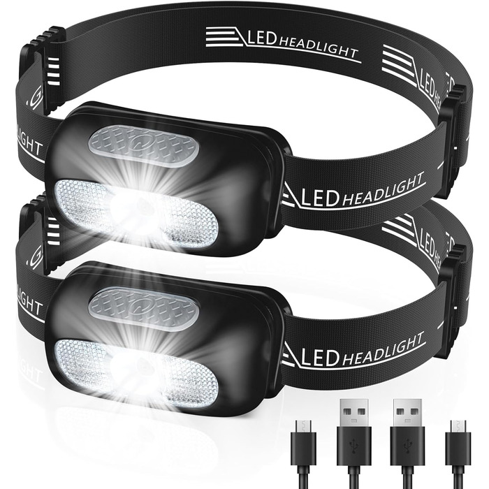 Налобний ліхтар LED, перезарядна модель з червоним світлом та 5 режимами, водонепроникний IPX4, регульований, для бігу, кемпінгу, велоспорту, 2 шт.