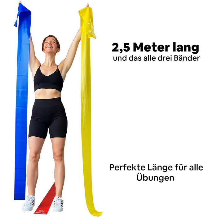Набір еластичних стрічок для фітнесу 2.5м – для м'язового розвитку, йоги, пілатесу та фізіотерапії. Оригінальні фітнес-стрічки для гімнастики, довгі тренувальні стрічки для більшої свободи рухів. Жовті, червоні та сині. 2.5м
