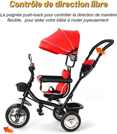 Триколісний велосипед 4 в 1 для дітей від 1 року з батьківською ручкою – дитячий триколіс для 1-4 роки до 25 кг, регульована батьківська ручка, поворотне сидіння, складаний козирок та кошик – компактний та безпечний (Червоний)