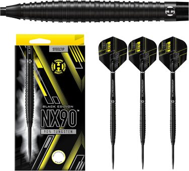 Дротики Harrows NX90 Black Edition з 90% вольфраму, 21-26 г, з чорними Supergrip Midi шафтами та Micron-NX90 флайтами