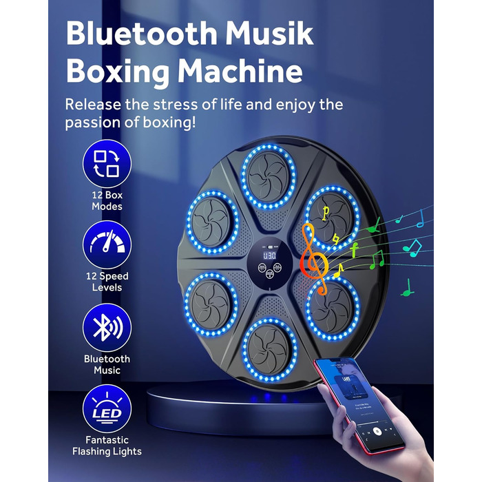 Yorraka Музичний бокс-машина для дорослих з LED підсвіткою, Bluetooth, 12 режимів швидкості, музичний тренажер для боксу з рукавичками