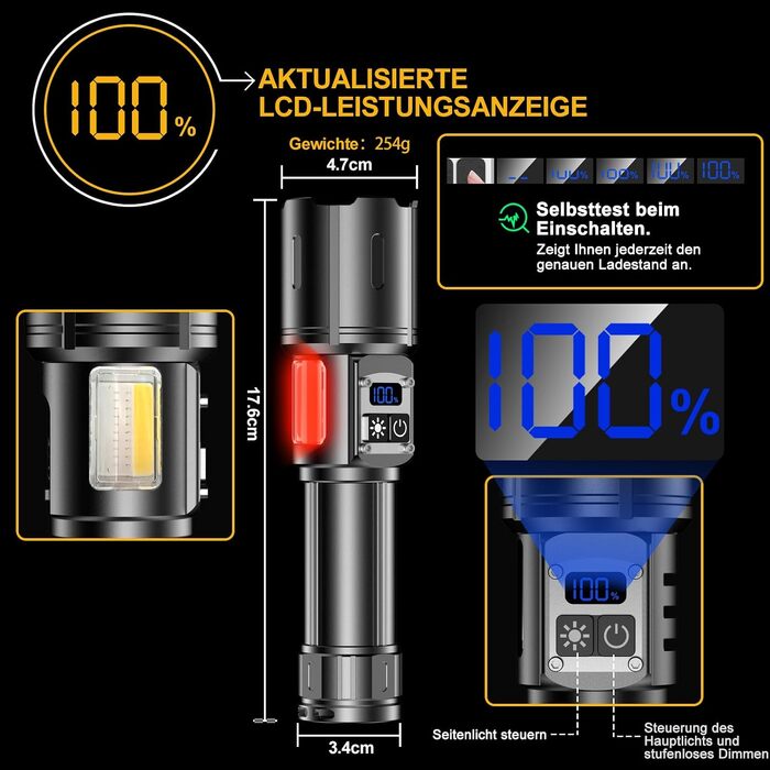 Потужний LED ліхтарик 500 000 Люмен з COB боковим світлом, LCD-дисплеєм та регулюванням яскравості, акумуляторний ліхтар для кемпінгу та outdoor