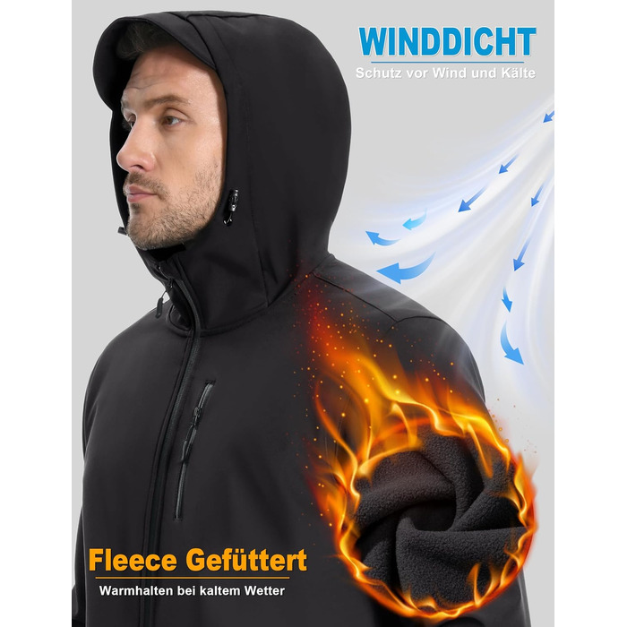 Чоловіча куртка Softshell TACVASEN: водонепроникна outdoor куртка з флісовою підкладкою, вітрозахисна та дихаюча куртка-вітровка з капюшоном для роботи, велосипеда та походів, L, чорна