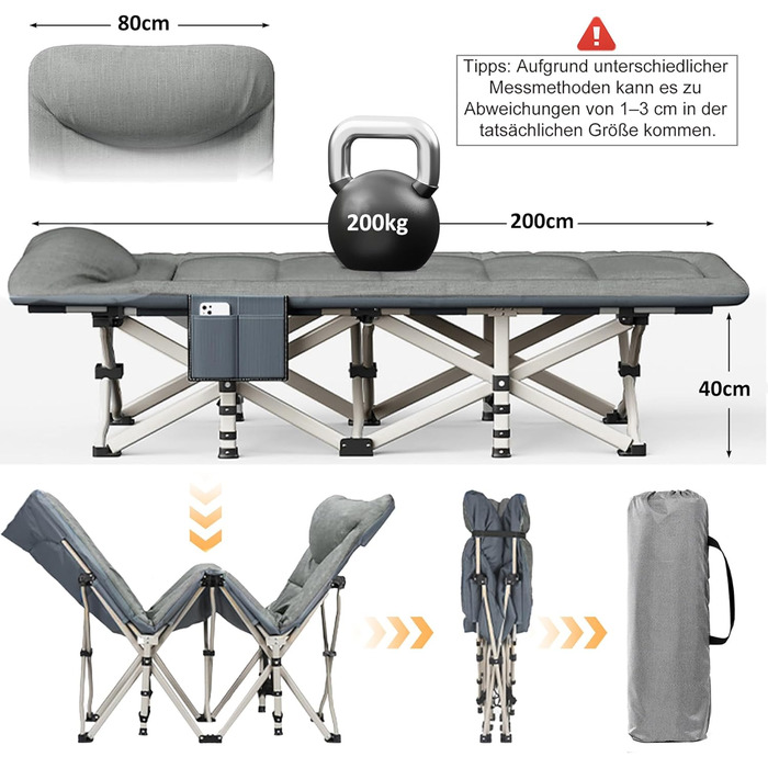 Кемпінгове ліжко Caliyo складне, з матрацом 200 x 80 x 40 см, до 200 кг, з мішком для зберігання, сірий