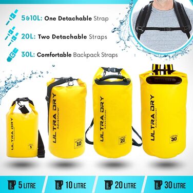 Водонепроникна сумка-мішок Ultra Dry Adventurer 5L (жовта) з кишенею для телефону та регульованим ремінцем - для каякінгу, риболовлі, кемпінгу