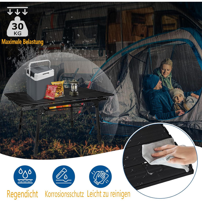 Складний алюмінієвий стіл для кемпінгу YRHome 90x52 см, регульована висота, з сумкою для перенесення (Чорний)