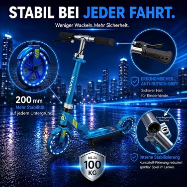 Дитячий самокат ALVIX з ручним гальмом та LED-колесами 200 мм, складаний, регульована висота, до 100 кг (Синій)