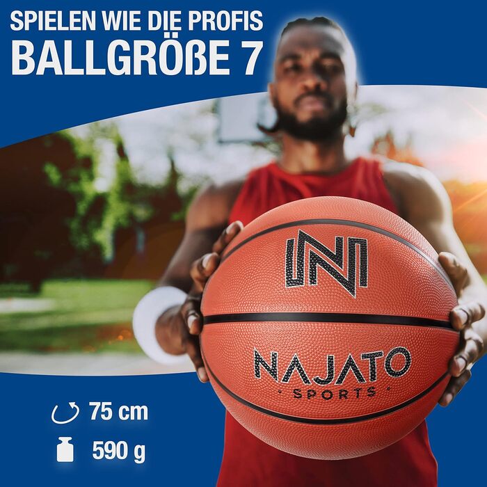 Баскетбольний м'яч NAJATO Sports розмір 7 з насосом, довговічний для гри на вулиці та в залі, помаранчевий