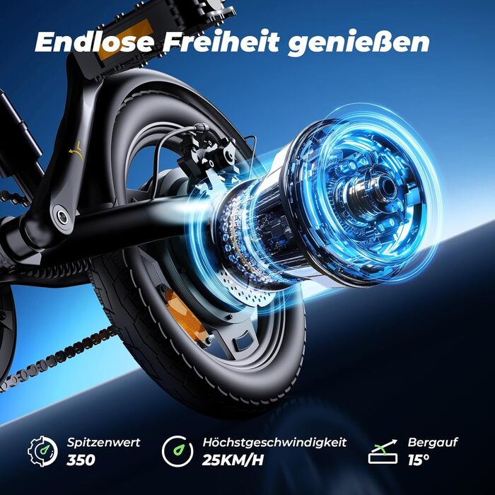 Складаний електровелосипед Finbike 14/16 дюймів, 250 Вт, акумулятор 7.8Ah, швидка зарядка 3 год, 3 режими їзди, запас ходу до 45 км, для дорослих і підлітків