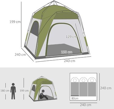 Намет Outsunny Pop-Up для 3 осіб, UV 50+, зелений: сімейний кемпінговий намет з гаком, 4 дверима, вікнами, підлогою та водонепроникністю 1000 мм