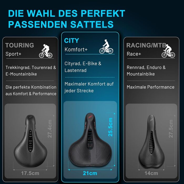 Велосипедне сідло TECHCYC з Memory Foam: комфортне, дихаюче, амортизуюче. Ергономічне сідло з підвіскою для чоловіків та жінок, 3 варіанти виконання (City)