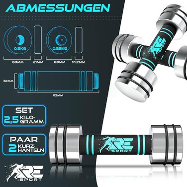 Набір гантелей 2 шт. з масивного сталі 2,5/5/7,5/10 кг | Гантелі з набором ваг та пінопластовою ручкою | Фітнес гантелі для дому, силові тренування та нарощування м'язів, блакитні (2 x 2,5 кг)