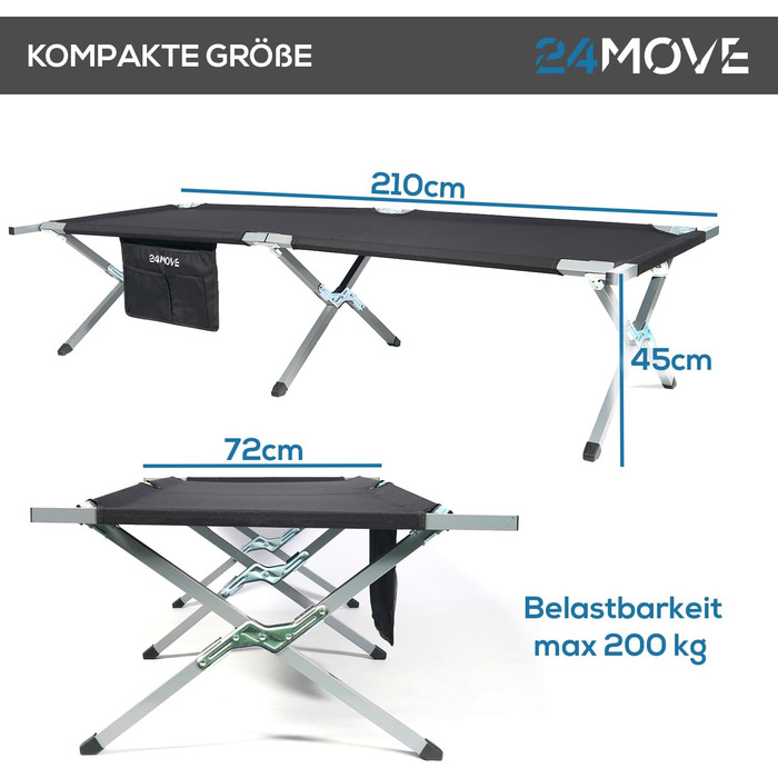 Розкладне ліжко 24MOVE® для кемпінгу та відпочинку на природі, 210x72x45 см, чорне, до 200 кг