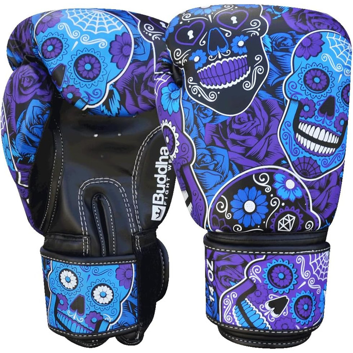 Боксерські рукавички BUDDHA FIGHT WEAR Fantasy Luzbel 14 унцій, пурпурні, для муай-тай та кікбоксингу, якісна штучна шкіра, антимікробна підкладка, посилені шви, різні дизайни