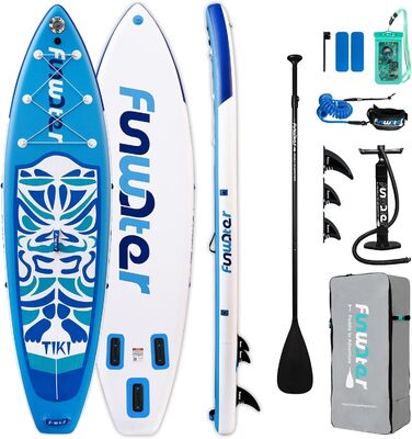 Надувний SUP (Stand Up Paddle Board) FunWater 10'6' & 11'6' з аксесуарами: весло, насос, рюкзак, плавники. Підходить для всіх рівнів майстерності. Рожевий та синій кольори.