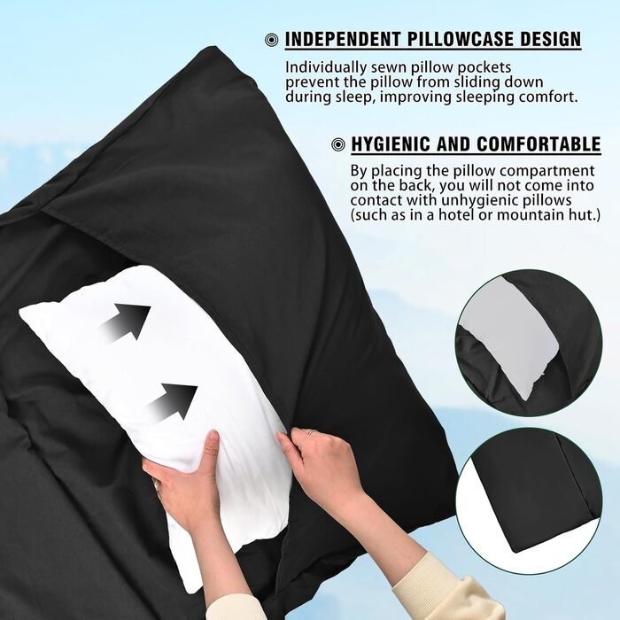 Спальний мішок туристичний бавовна, ультралегкий, для кемпінгу та піших прогулянок, з двостороннім замком, чорний