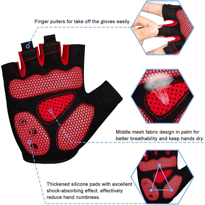 Велосипедні рукавички, півпальцеві, з гелевою підкладкою, антиковзаючі, дихаючі, для чоловіків, MTB, літні, фітнес, спорт, червоні, розмір M