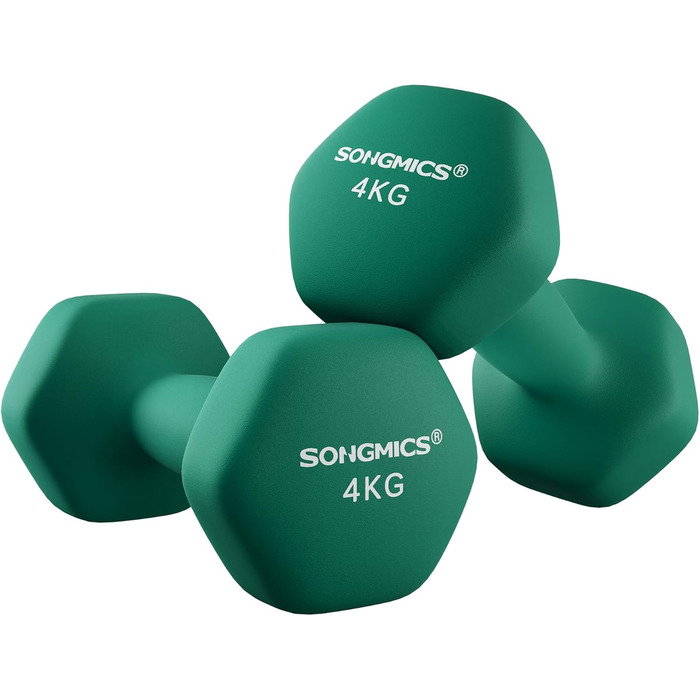 Гантелі SONGMICS 2 x 4 кг, шестигранні, неопринове покриття, для силових тренувань вдома, зелений колір