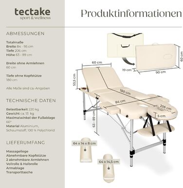 Складний масажний стіл tectake® 3-секційний, регульований по висоті, з аксесуарами (валик, напіввалик, сумка), для масажу, косметології, тату, бежевий