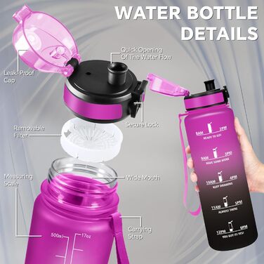 Спортивна пляшка для води 1 л, витікання, з маркуванням часу, легка, для велосипеда, школи, офісу, фітнесу (1000 мл, фіолетово-чорна)