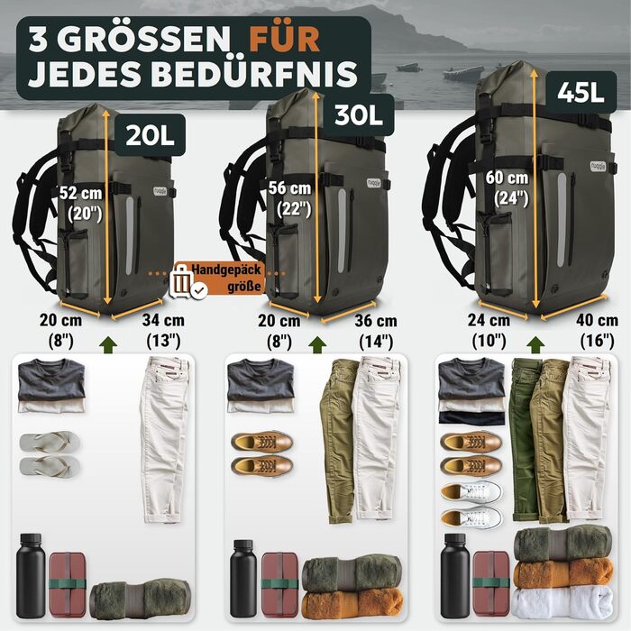 Водонепроникний рюкзак Ruqqle 45 л, RollTop, 3 зовнішні кишені, для пляжу, човнів, каяків, подорожей, кемпінгу, риболовлі та мотоциклів (Блакитний)