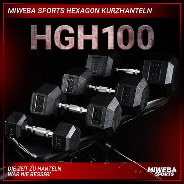 Гантелі шестигранні Miweba Sports HGH100, 2,5-30 кг, пара, гантельний набір, гантелі з литого чавуну, ергономічна ручка, вага 5 кг, професійні короткі гантелі
