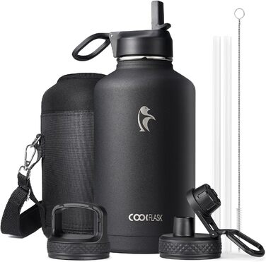 Ізольована пляшка для води Coolflask 2L з трубочкою та 3 кришками, з нержавіючої сталі, для спорту та офісу, подвійне вакуумне покриття, чорна, 2000 мл